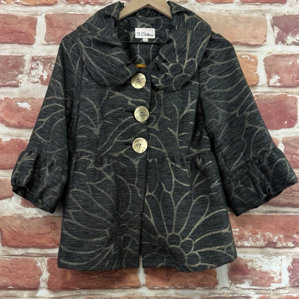 3 Sisters Jacket Womens S Gray Gold Abstract Ruffle Chic Statement Career Blazer